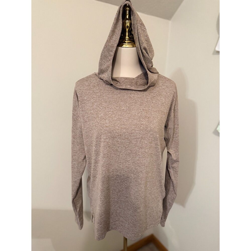 Athleta Uptempo Hoodie Sweatshirt M Heathered Taupe Cowl Hood Thumbholes